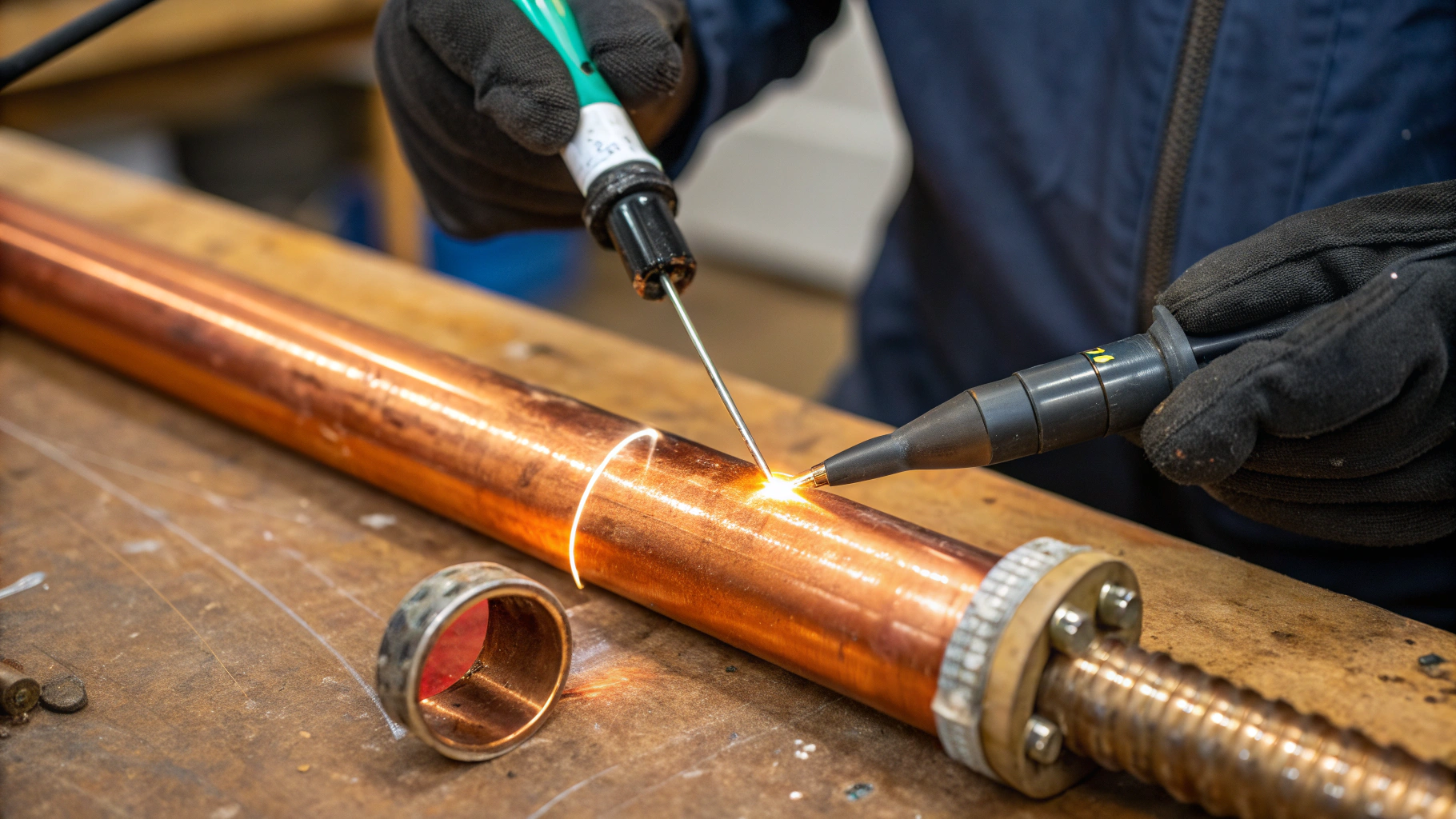 Plumber working on domestic copper pipe installation